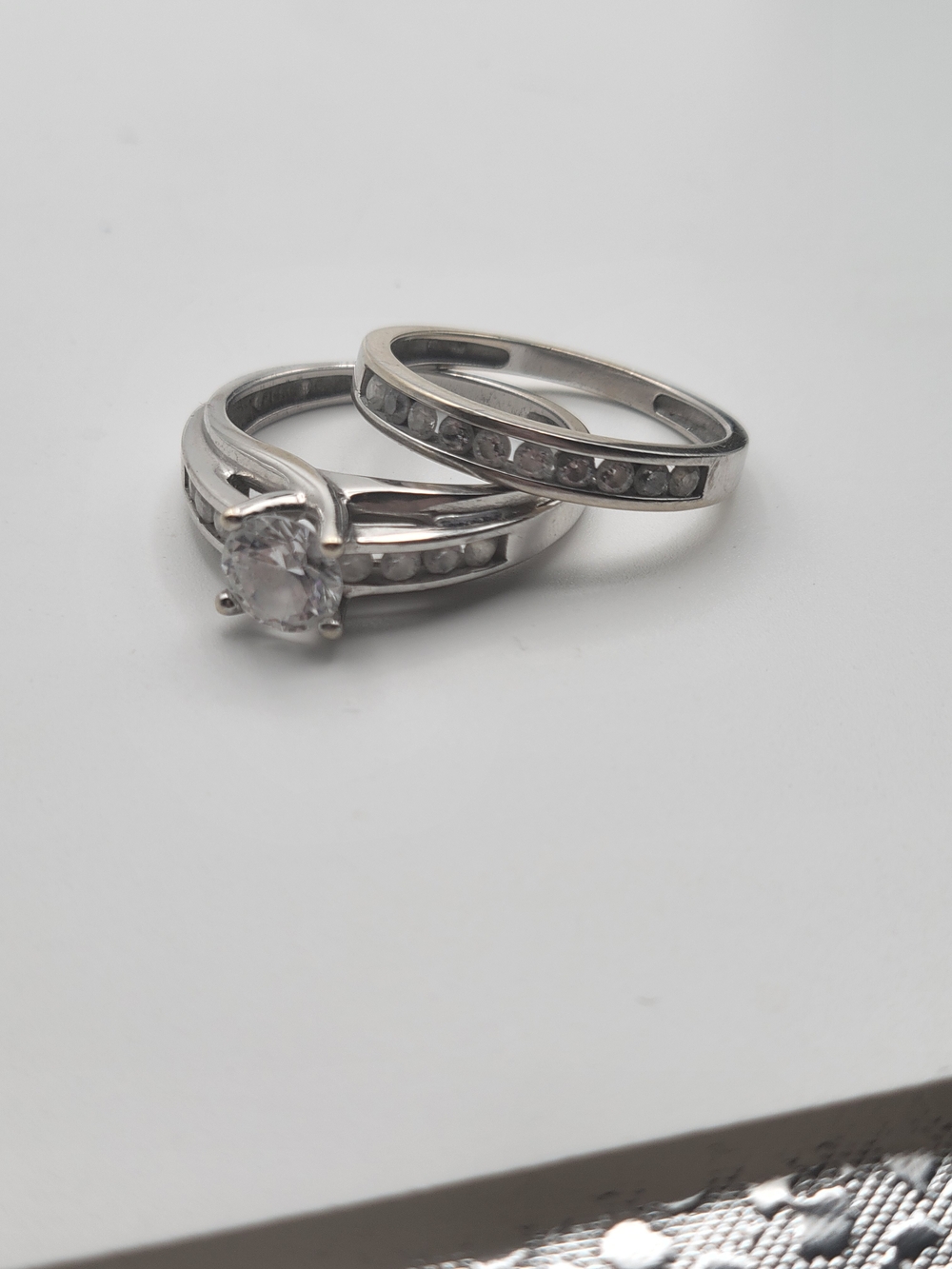 Vintage 14k Plumb DQ CZ White Gold Wedding Set Size 7.75 - Picture 8 of 11